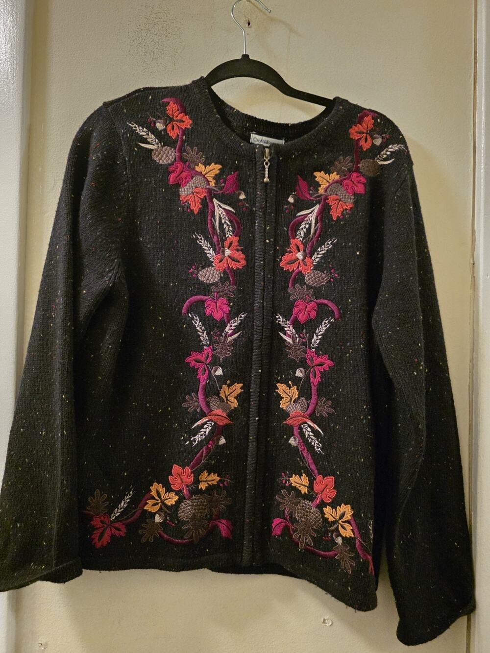 Vtg Fall Leaf Embroidered Croft & Barrow Full Zip Cardigan Sweater Silk Blend L